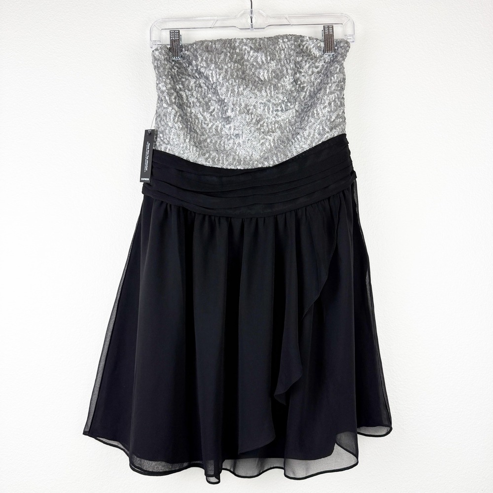 Express Womens Strapless Sequin Chiffon Cocktail Dress Silver Black Size 8 NEW